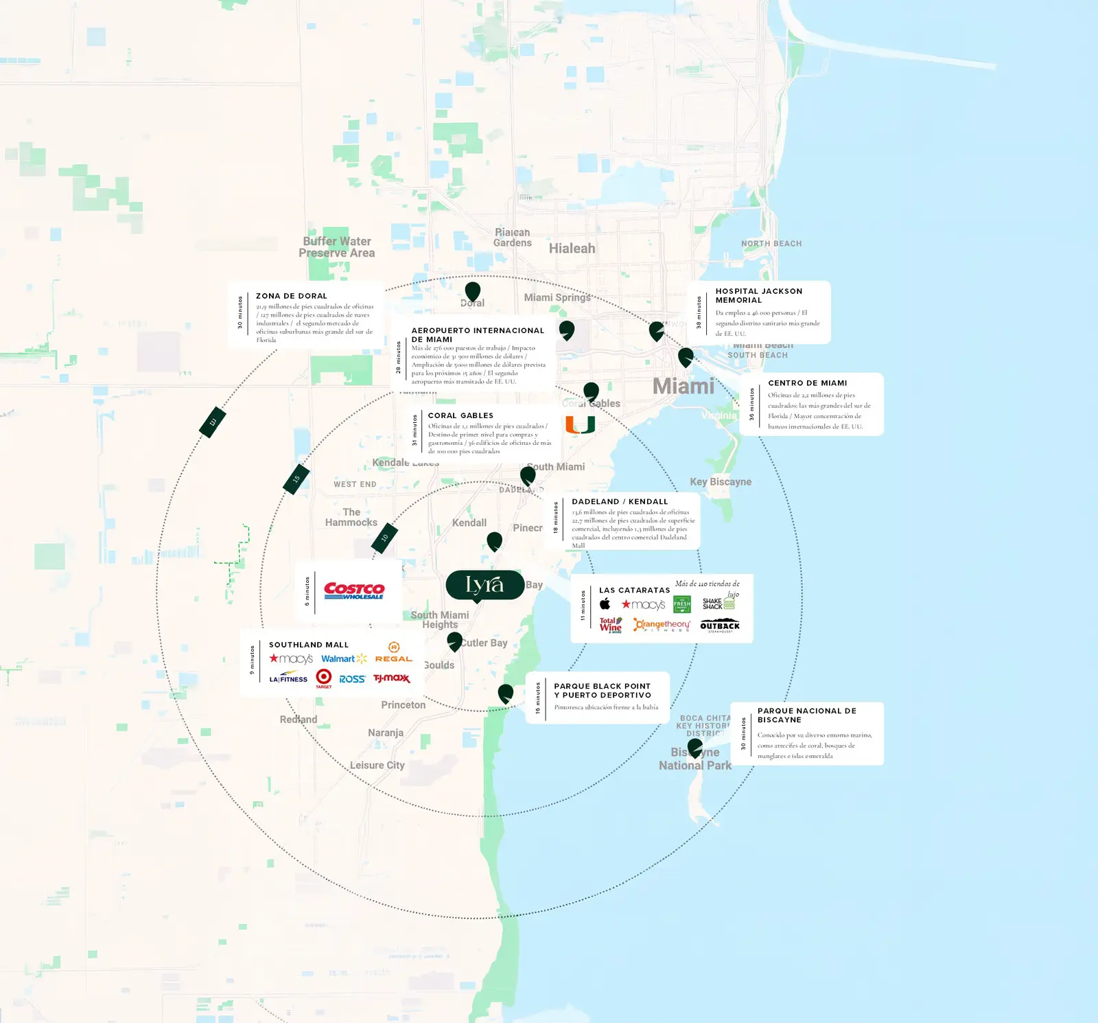 Mapa de ubicación de Lyra Residences con tiempos a los principales centros de empleo de Miami